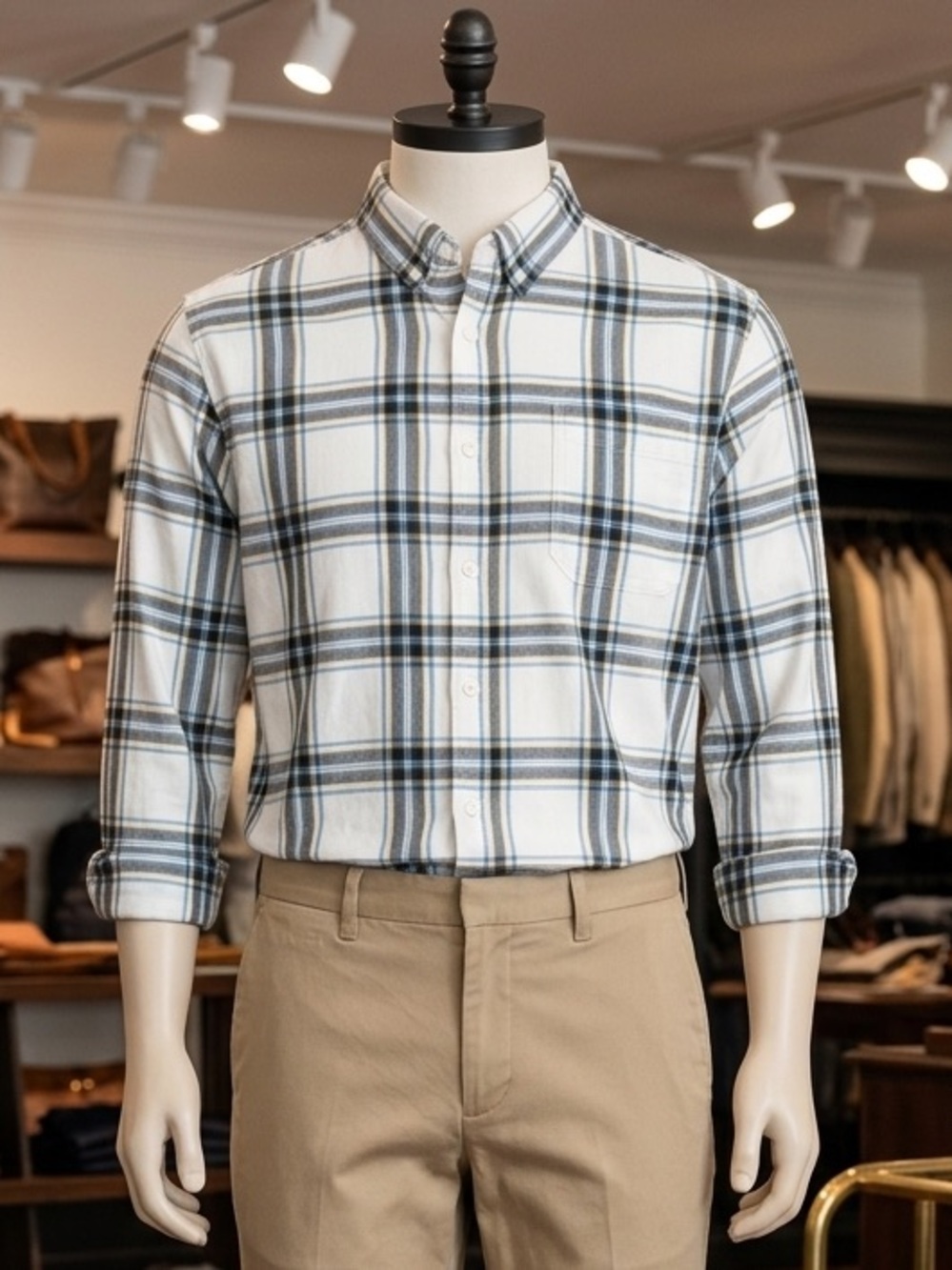 Men's White Plaid Button-Down Shirt with Blue and Yellow Stripes